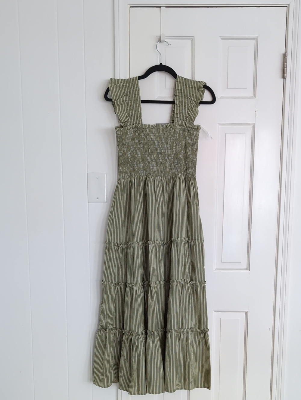 Olive Green Striped Smocked Tiered Midi Dress